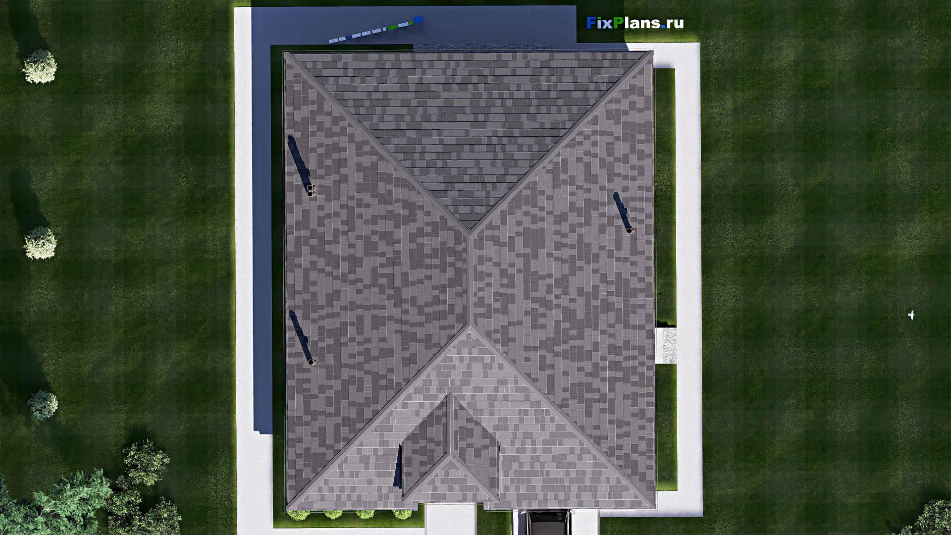 F-19745 - Проект одноэтажного дома 14 на 19, площадью 200 м² с гаражом на 2 машины и 3 спальнями