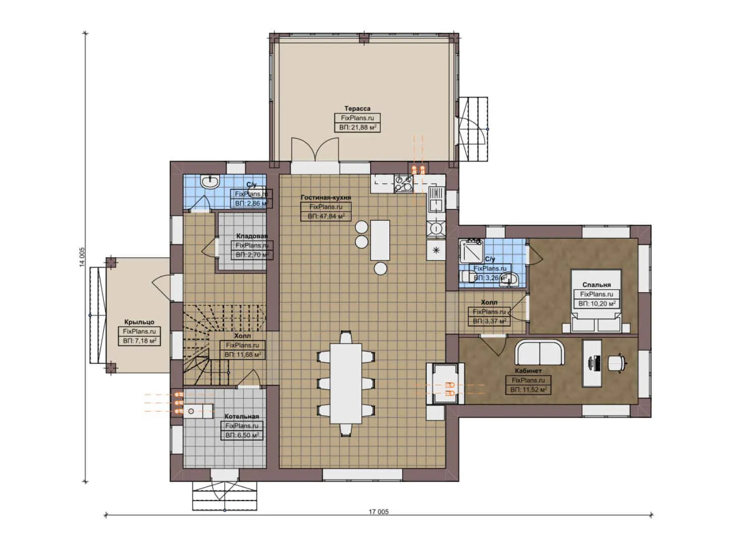 F-9449 - Планы двухэтажного дома 15 на 17, площадью 230 м² с террасой и 5 спальнями