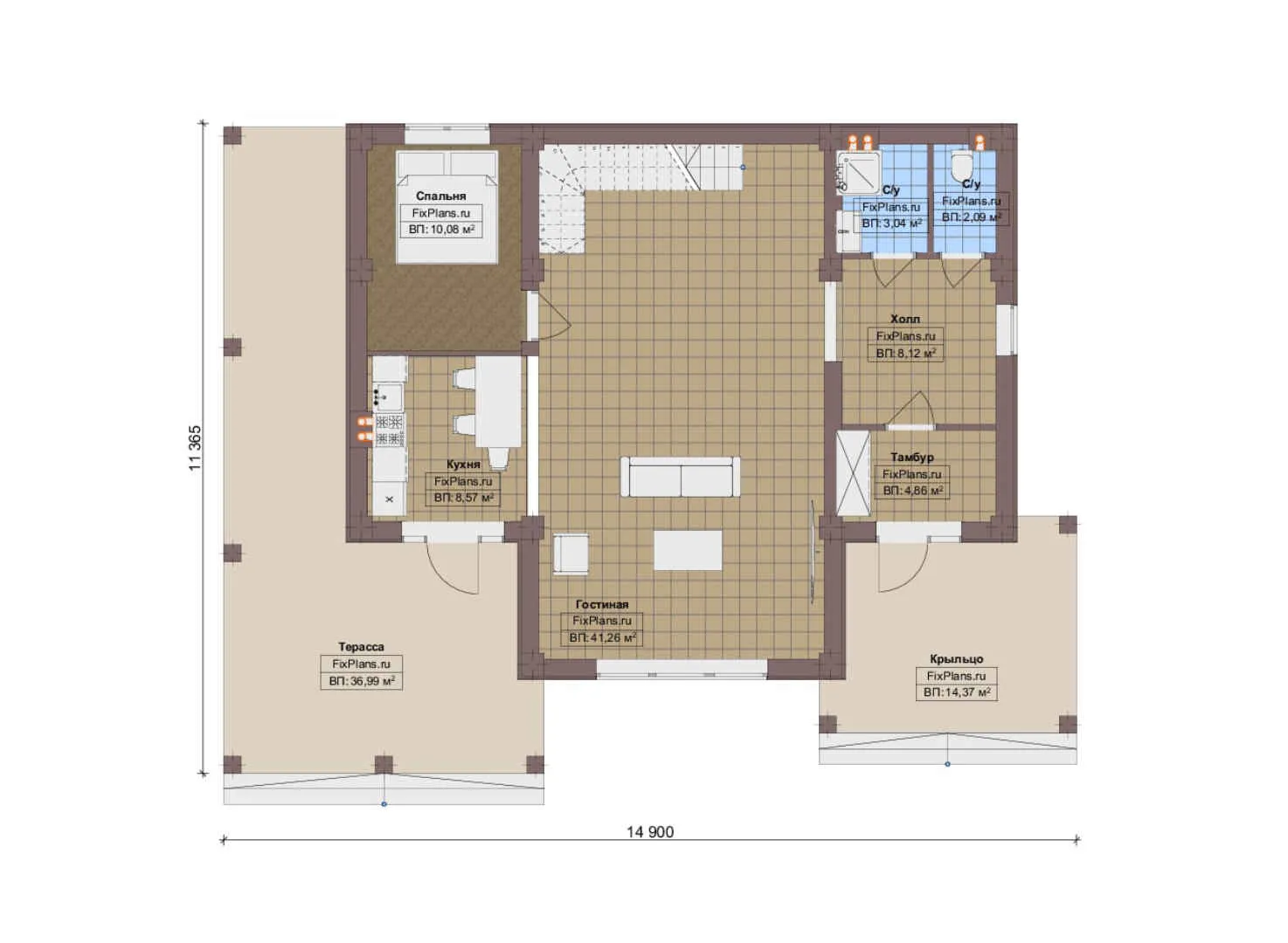F-17783 - Планы двухэтажного дома 12 на 15, площадью 210 м² с террасой и 4 спальнями