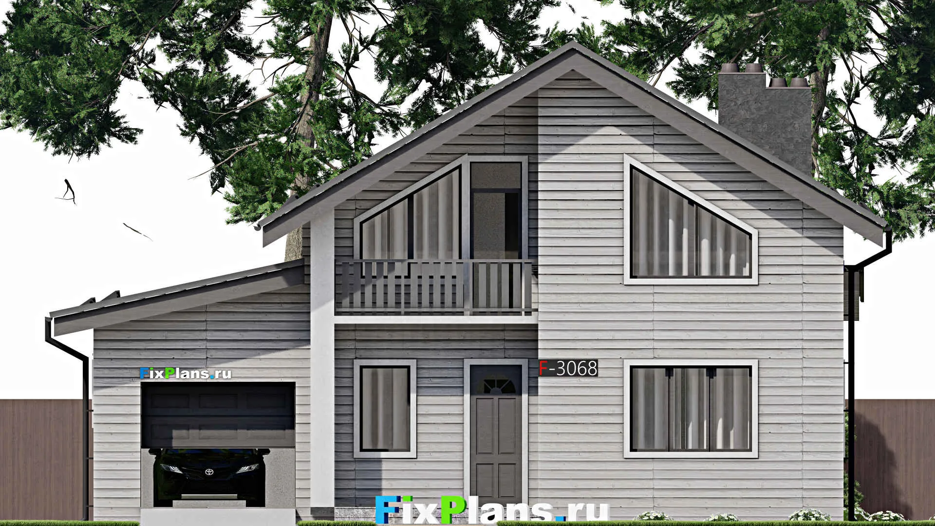 F-3068 - Проект дома с мансардой 11 на 13, площадью 170 м² с террасой, балконом, цокольным этажом, гаражом на 1 машину и 4 спальнями