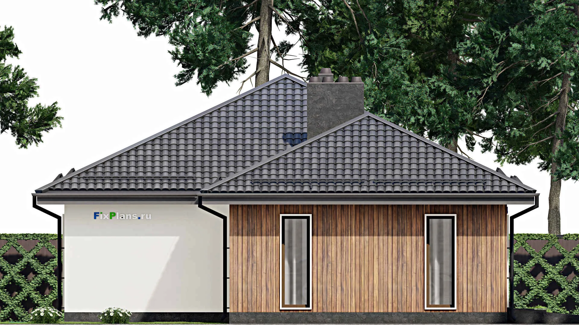 F-8630 - Проект одноэтажного дома 12 на 23, площадью 220 м² с террасой, гаражом на 1 машину и 3 спальнями