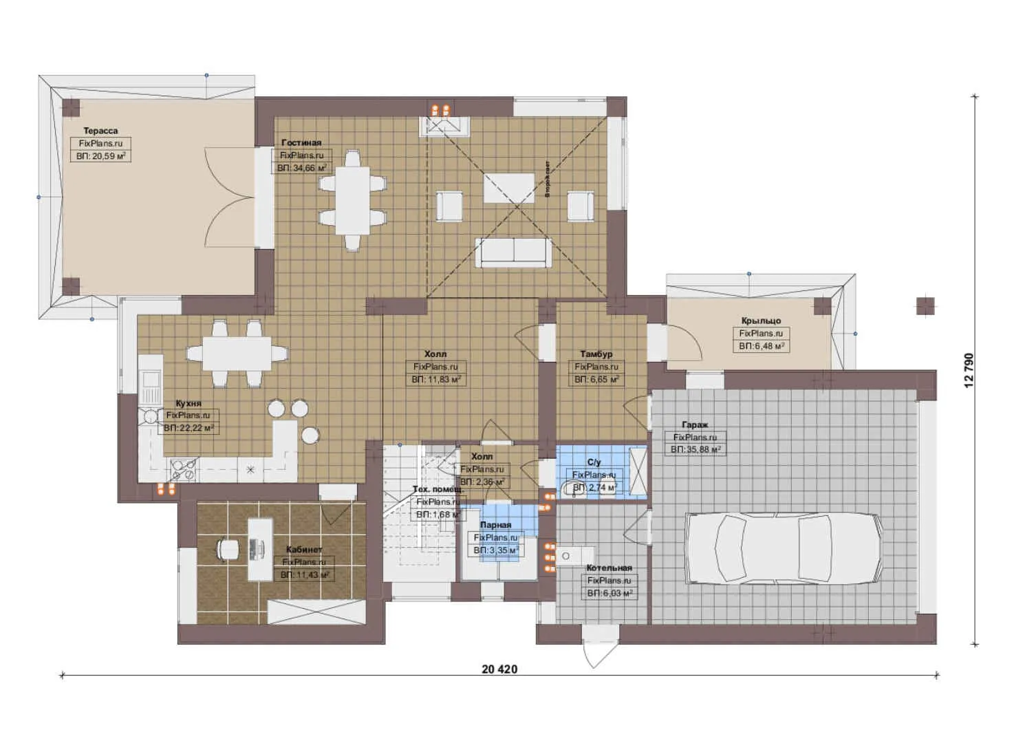 F-17252 - Планы двухэтажного дома 13 на 21, площадью 280 м² с террасой, балконом, баней, гаражом на 2 машины и 3 спальнями