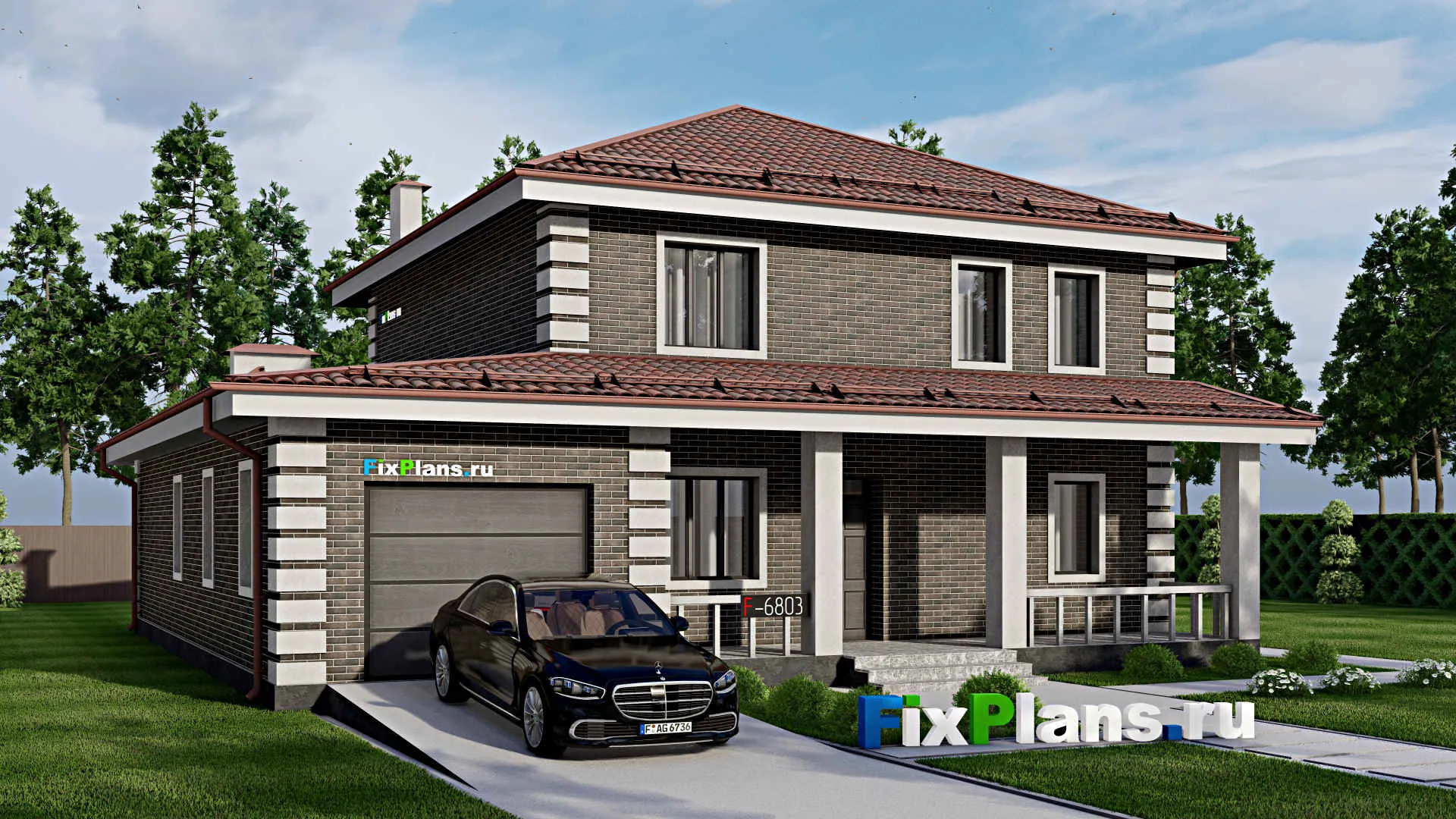 F-6803 - Проект двухэтажного дома 15 на 16, площадью 250 м² с террасой, гаражом на 1 машину и 4 спальнями