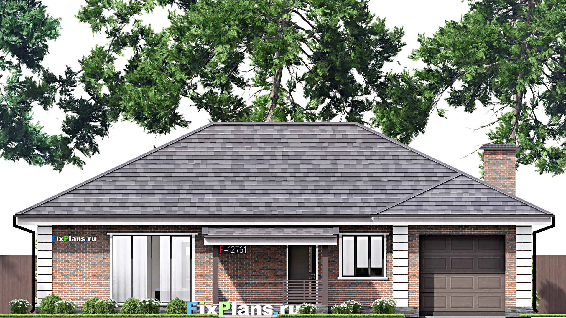 F-12761 - Проект одноэтажного дома 14 на 18, площадью 180 м² с террасой, гаражом на 1 машину и 3 спальнями