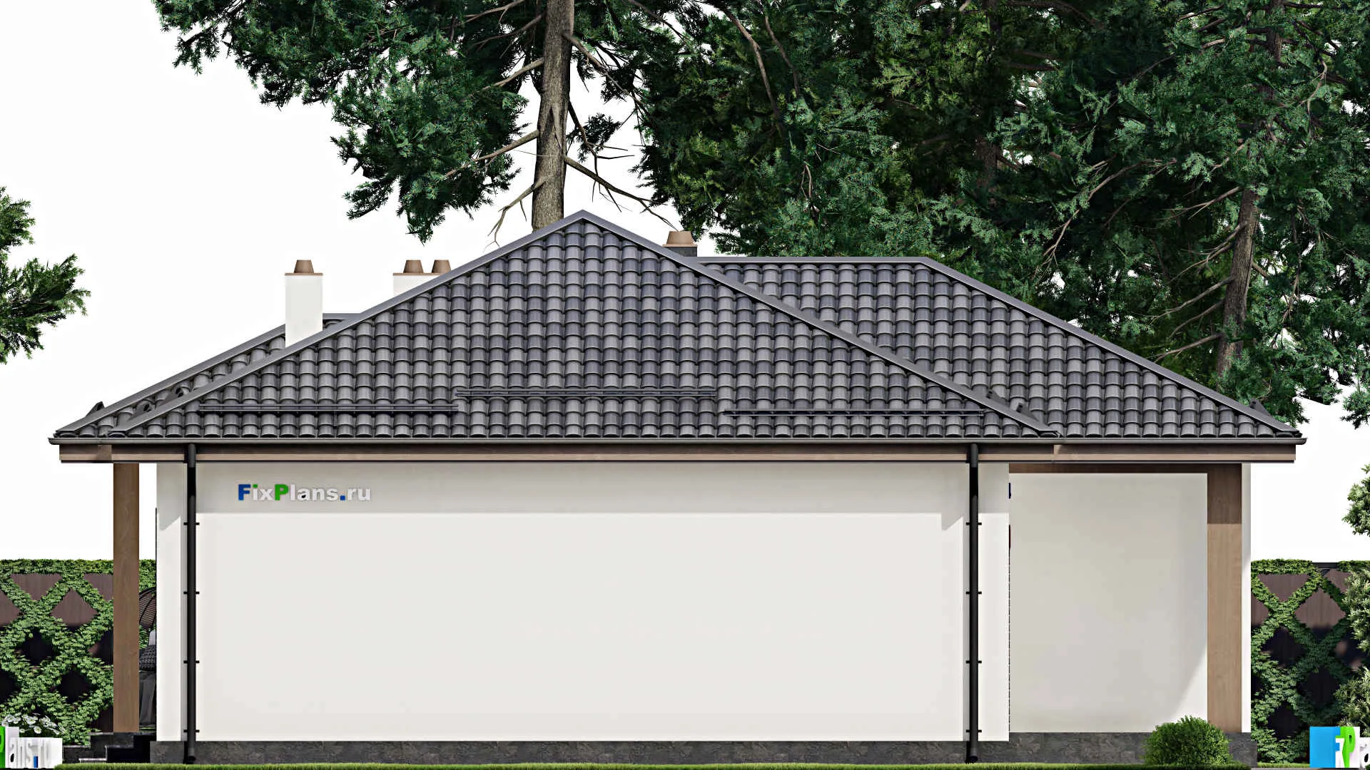 F-2762 - Проект одноэтажного дома 14 на 16, площадью 140 м² с террасой, гаражом на 1 машину и 3 спальнями