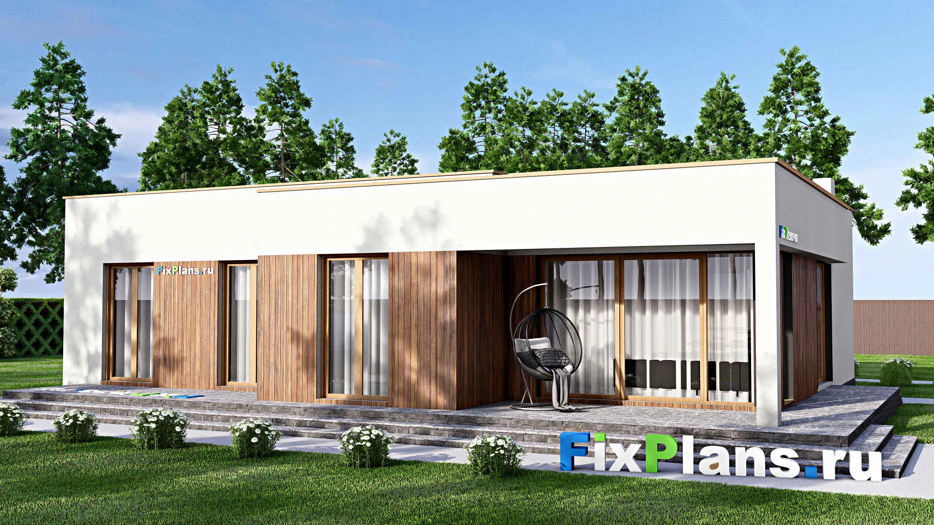 F-15839 - Проект одноэтажного дома 17 на 17, площадью 230 м² с террасой, гаражом на 2 машины и 3 спальнями