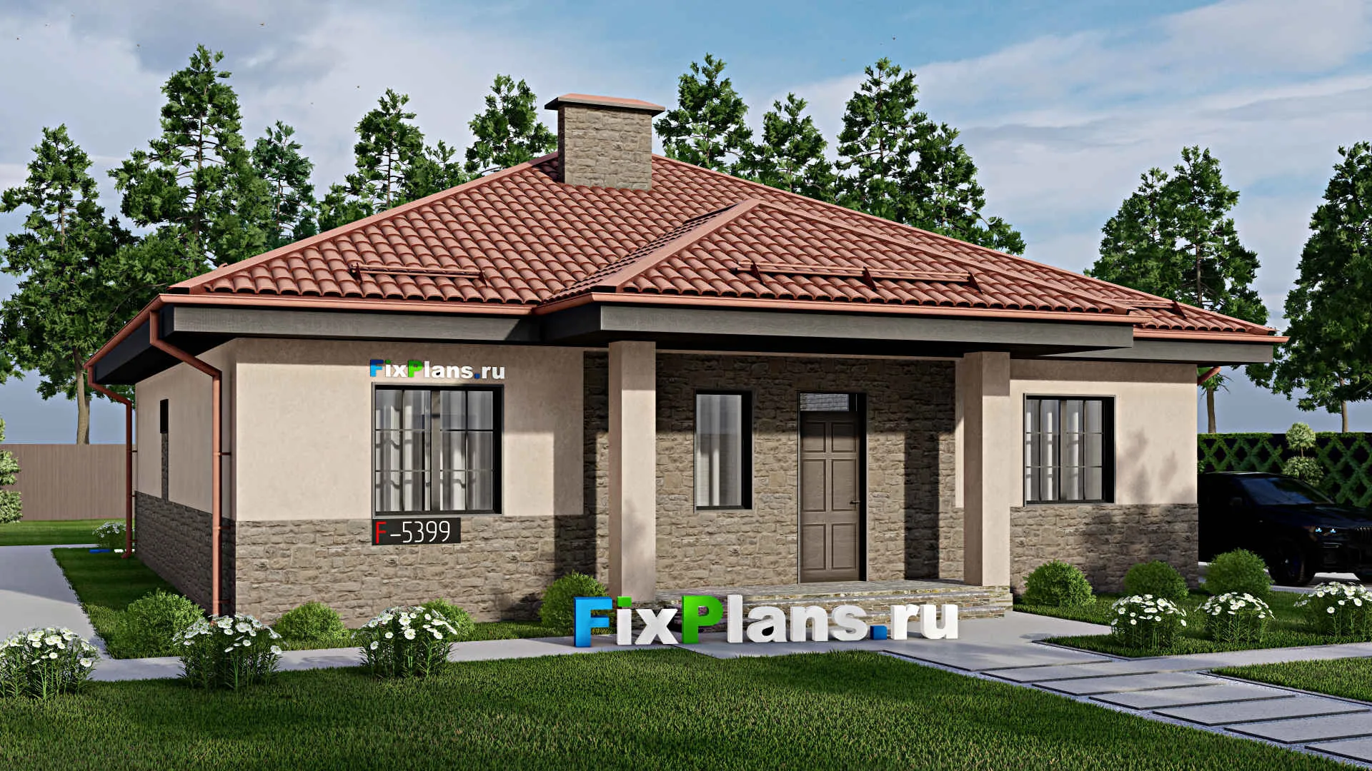 F-5399 - Проект одноэтажного дома 13 на 13, площадью 150 м² с 4 спальнями