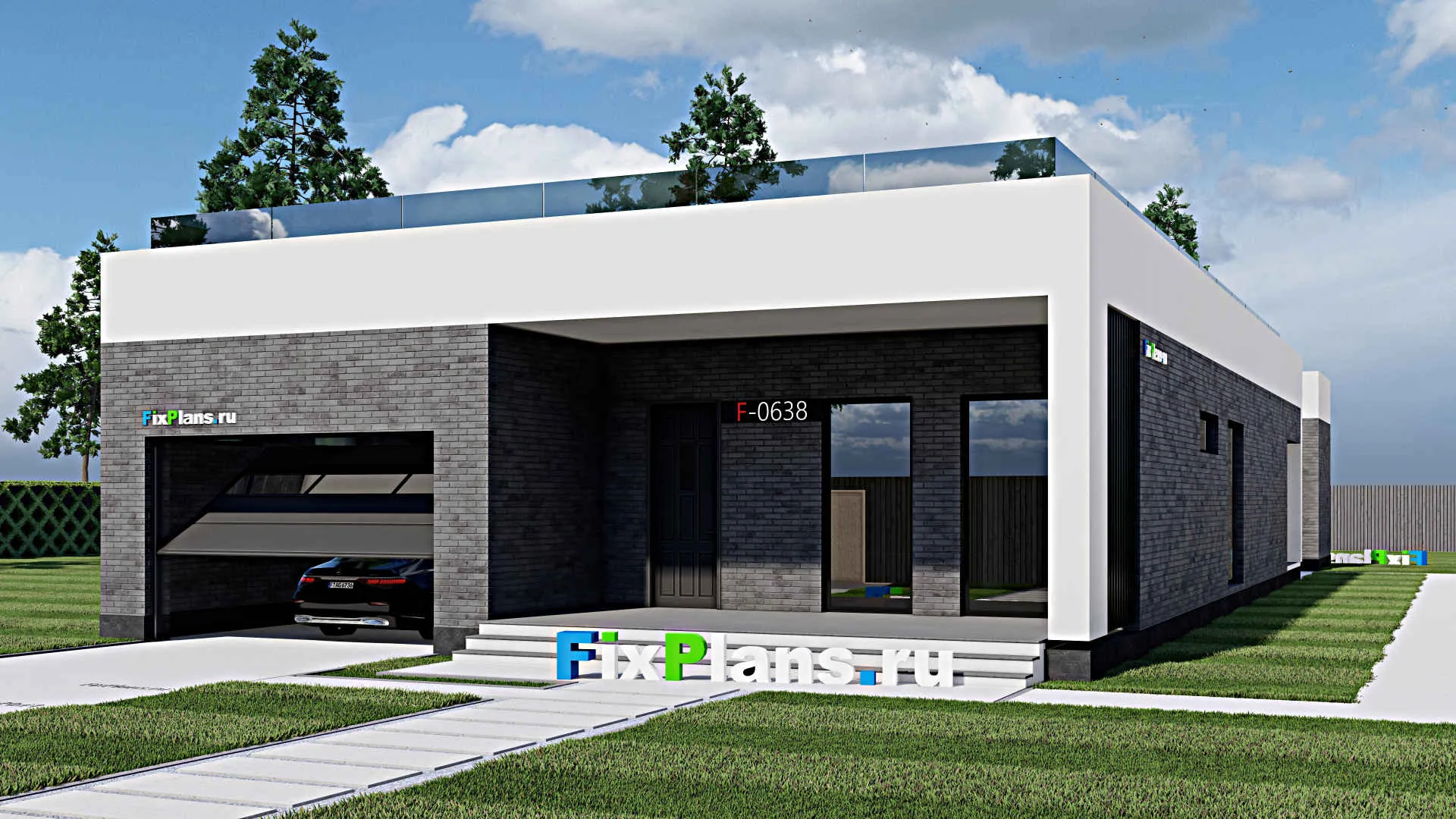 F-0638 - Проект одноэтажного дома 14 на 32, площадью 320 м² с террасой, гаражом на 1 машину и 3 спальнями