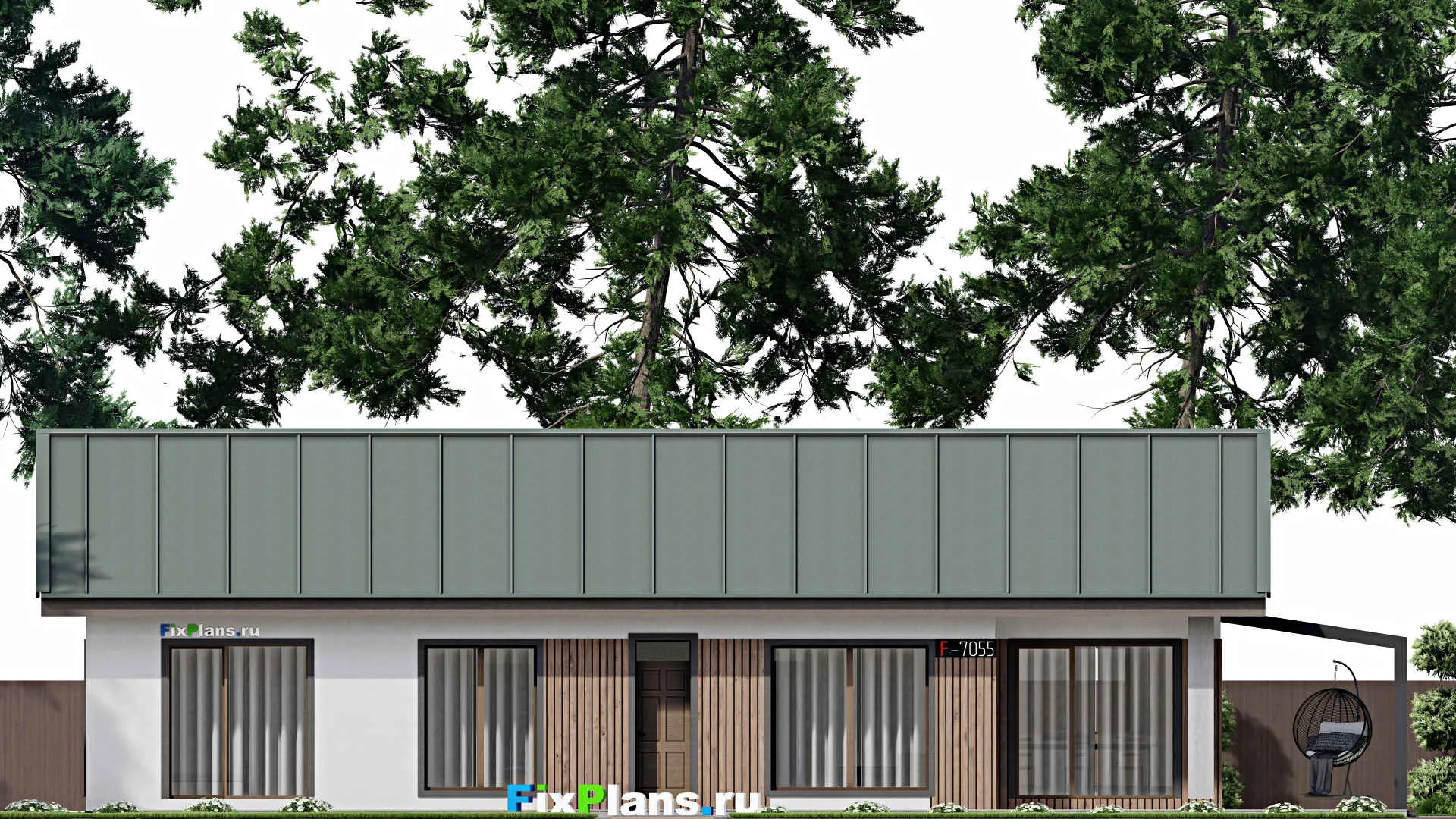 F-7055 - Проект одноэтажного дома 13 на 21, площадью 190 м² с террасой, баней и 3 спальнями