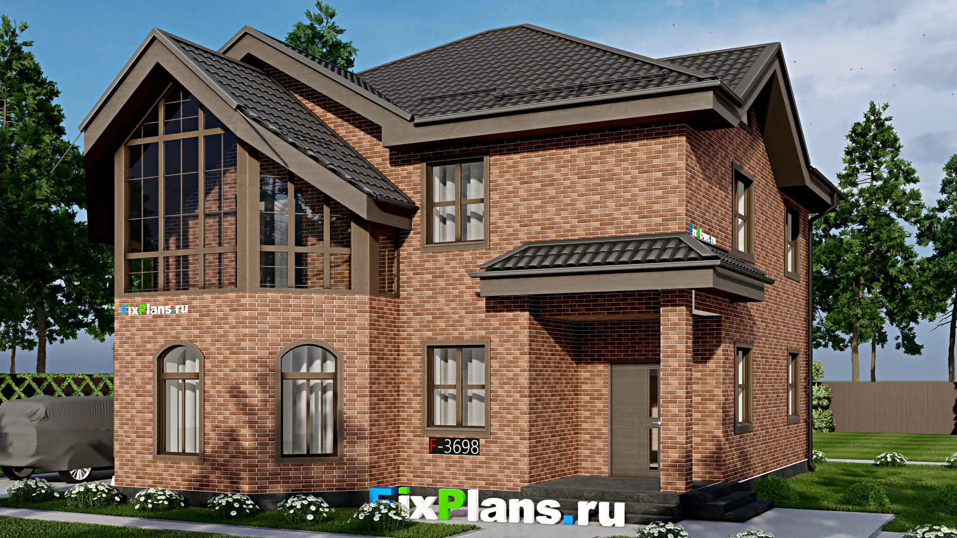 F-3698 - Проект двухэтажного дома 12 на 13, площадью 180 м² с балконом, цокольным этажом и 3 спальнями