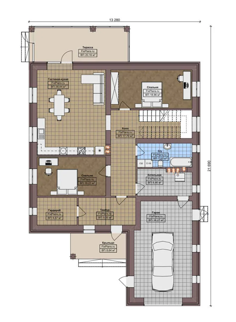 F-8288 - Планы двухэтажного дома 14 на 22, площадью 320 м² с террасой, гаражом на 1 машину и 5 спальнями