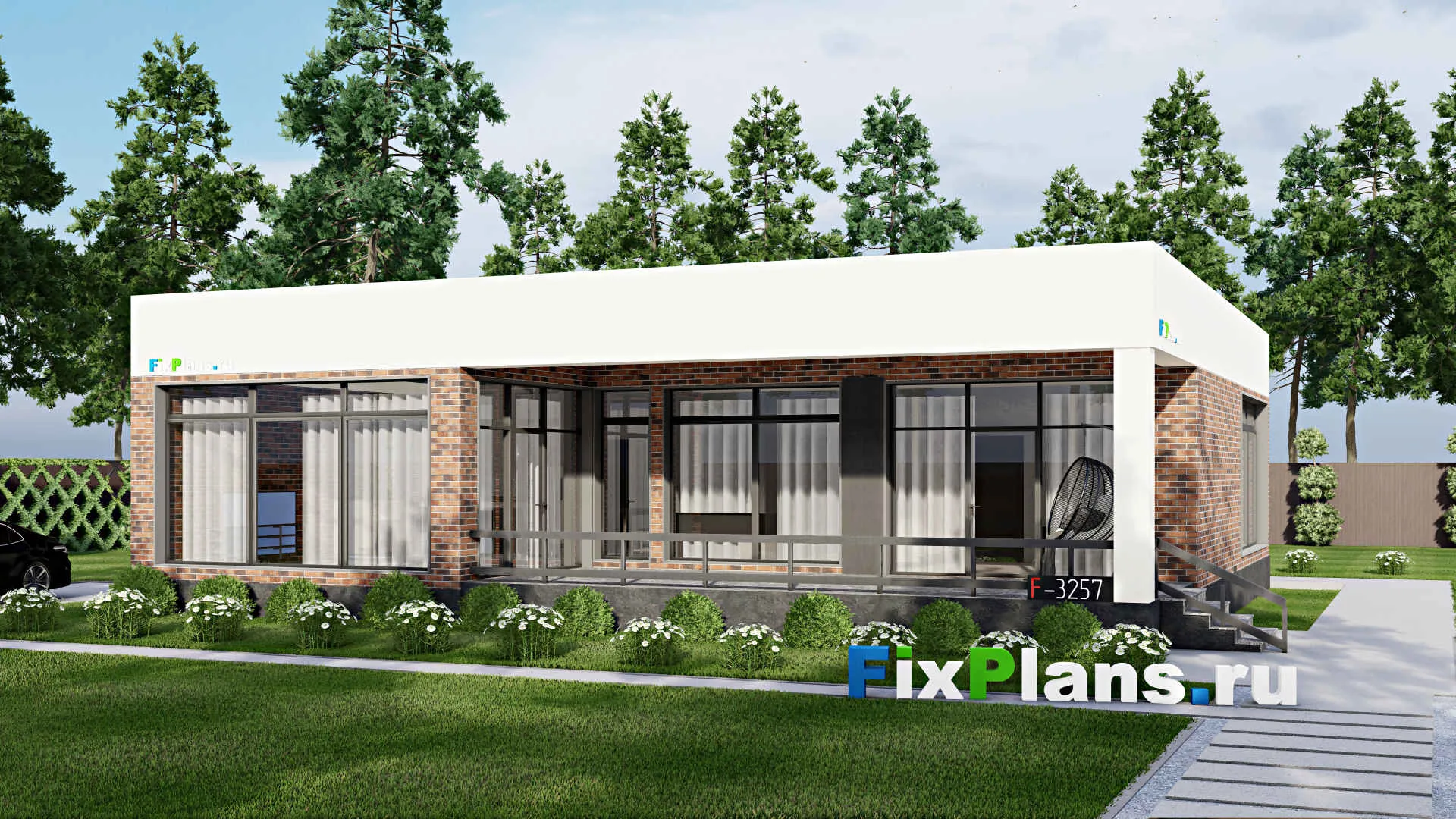 F-3257 - Проект одноэтажного дома 15 на 15, площадью 180 м² с террасой и 3 спальнями