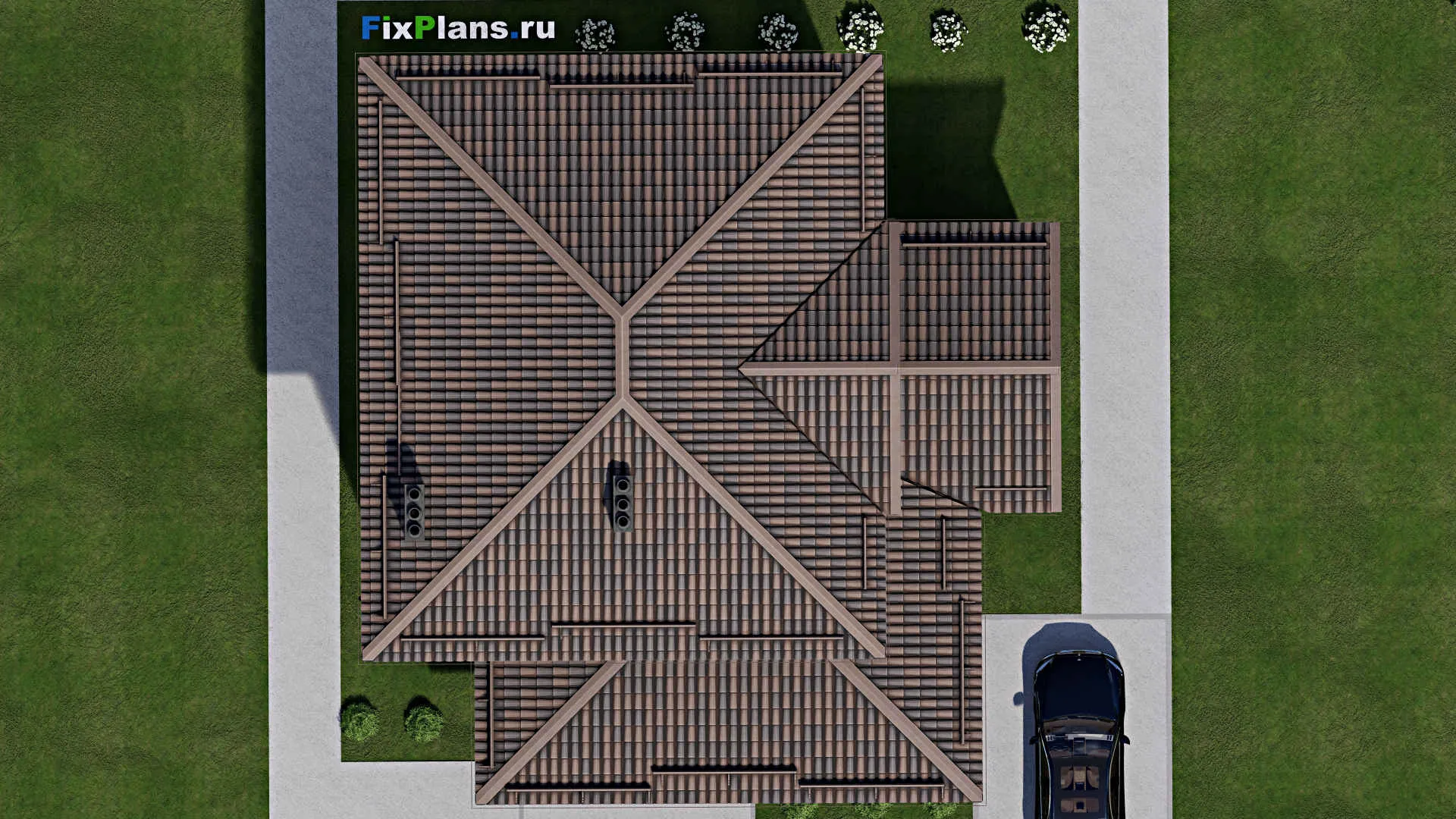 F-7325 - Проект двухэтажного дома 14 на 14, площадью 200 м² с террасой и 4 спальнями