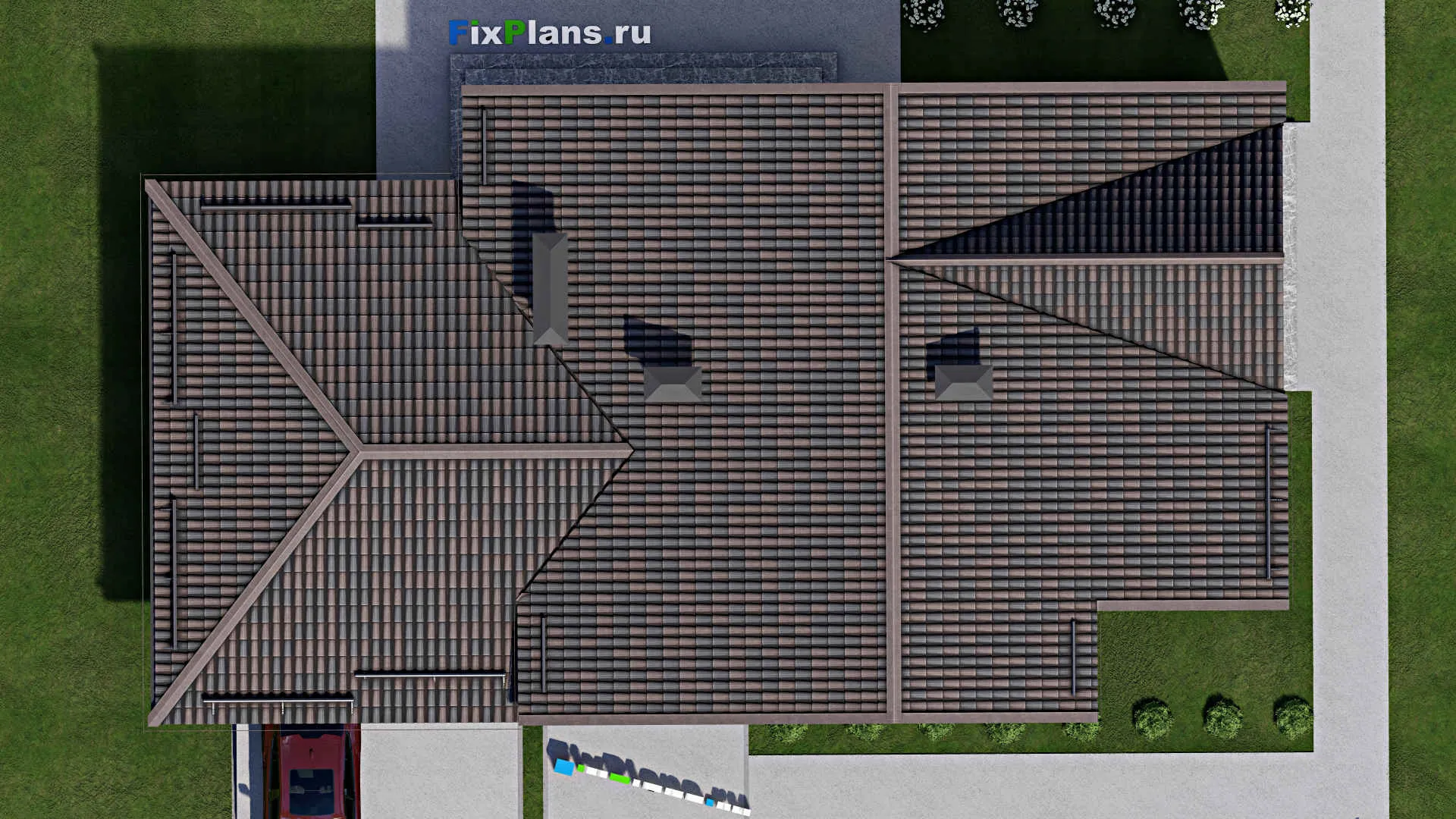 F-6659 - Проект одноэтажного дома 12 на 22, площадью 190 м² с террасой, гаражом на 2 машины и 3 спальнями