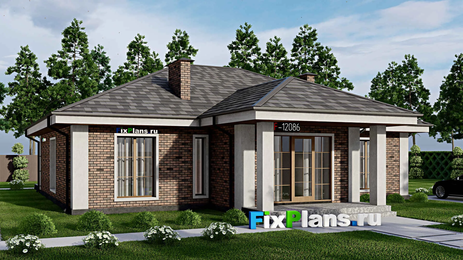 F-12086 - Проект одноэтажного дома 16 на 20, площадью 180 м² с террасой и 3 спальнями