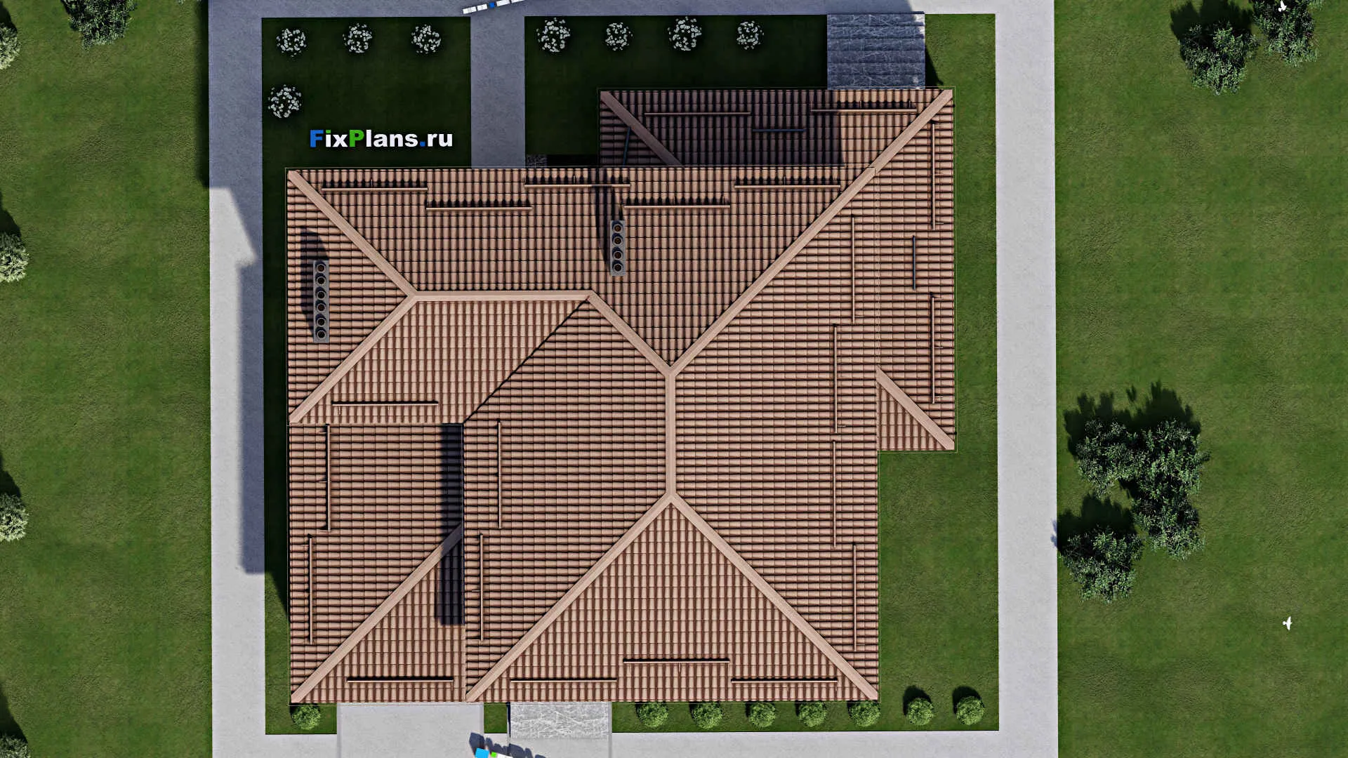 F-3086 - Проект двухэтажного дома 17 на 18, площадью 410 м² с террасой, цокольным этажом, баней, гаражом на 1 машину и 5 спальнями