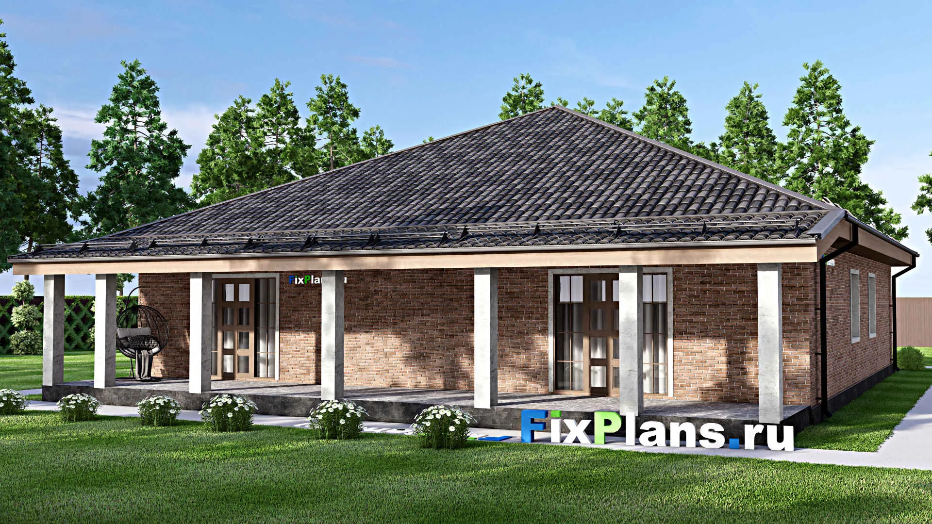 F-13526 - Проект одноэтажного дома 16 на 21, площадью 250 м² с террасой и 4 спальнями