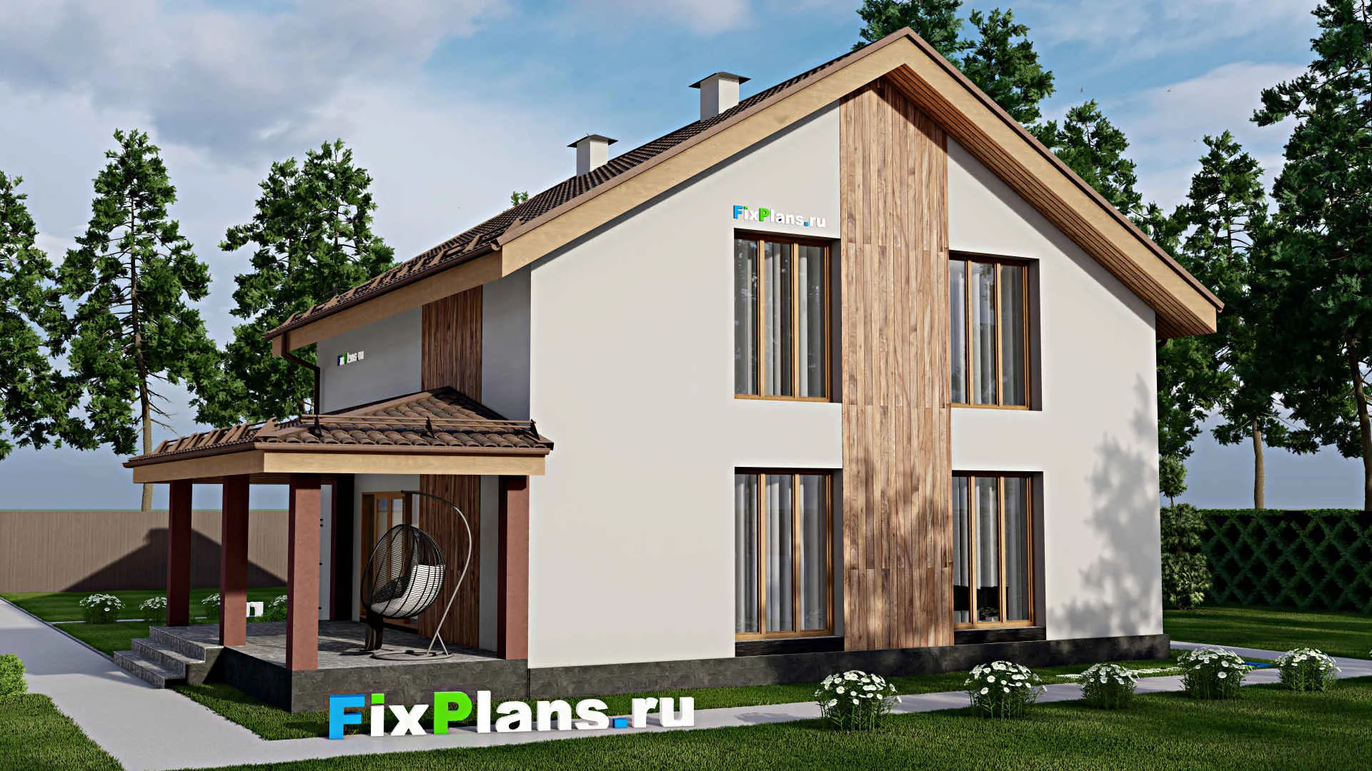 F-9332 - Проект дома с мансардой 13 на 15, площадью 200 м² с террасой и 3 спальнями