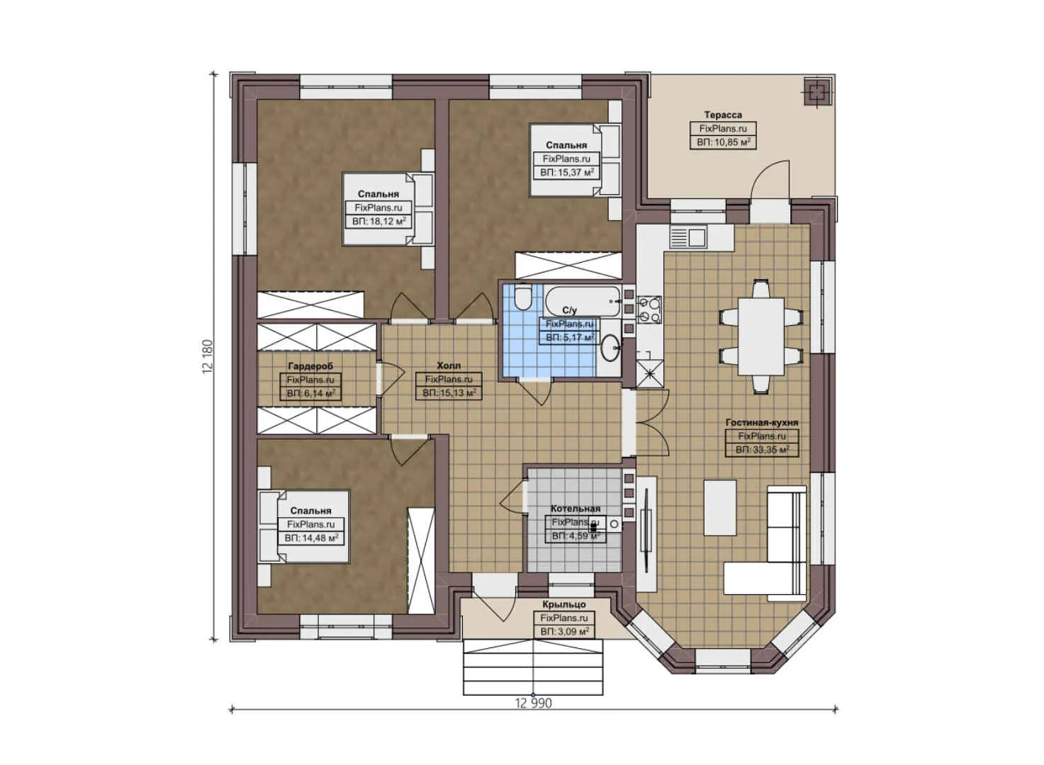 F-2078 - План одноэтажного дома 13 на 13, площадью 130 м² с террасой и 3 спальнями