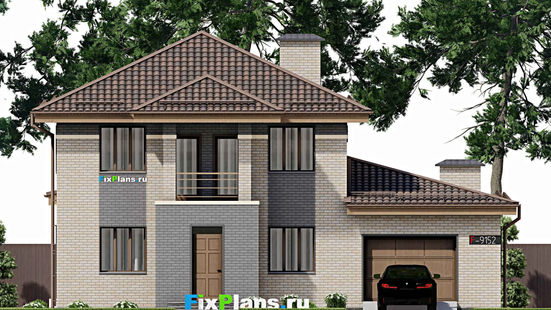 F-9152 - Проект двухэтажного дома 15 на 15, площадью 200 м² с террасой, балконом, гаражом на 1 машину и 6 спальнями