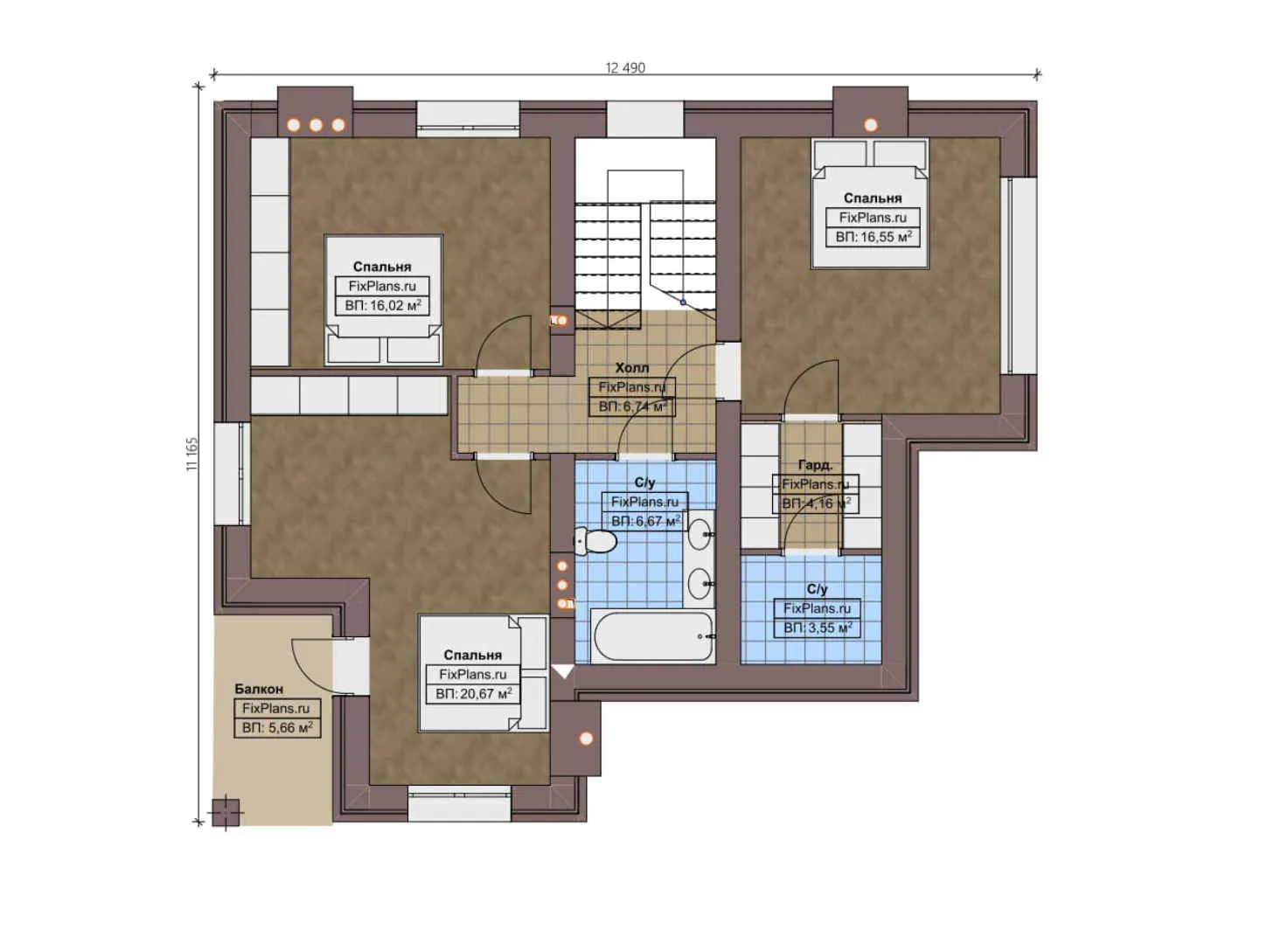 F-0557 - Планы дома с мансардой 12 на 13, площадью 210 м² с террасой, балконом и 3 спальнями