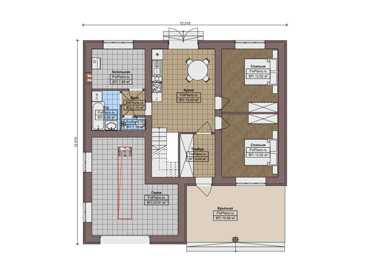 F-9980 - Планы двухэтажного дома 13 на 13, площадью 250 м² с гаражом на 1 машину и 5 спальнями