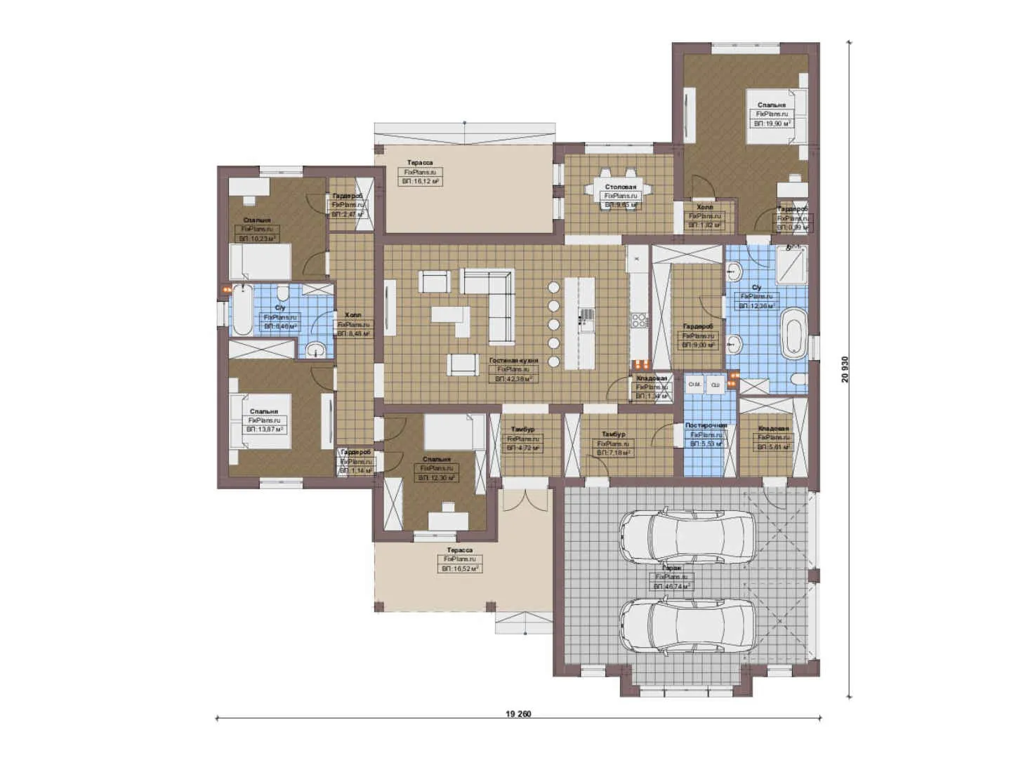 F-17081 - План одноэтажного дома 20 на 21, площадью 260 м² с террасой, гаражом на 2 машины и 4 спальнями