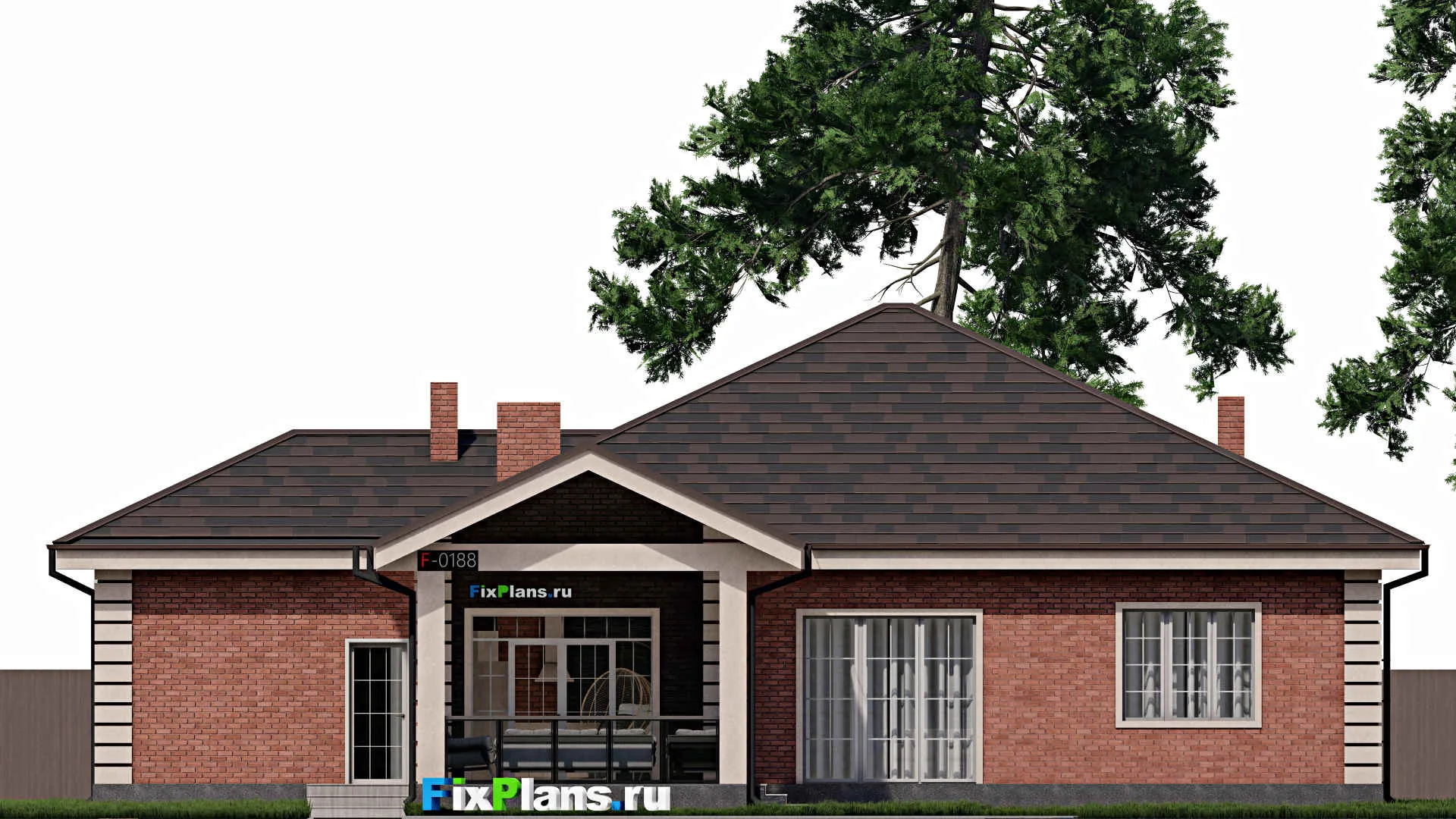 F-0188 - Проект одноэтажного дома 19 на 19, площадью 210 м² с террасой, гаражом на 1 машину и 2 спальнями