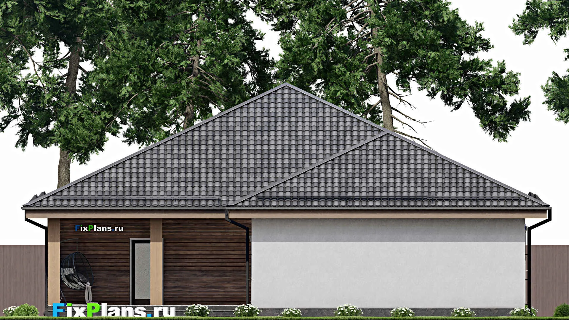 F-10295 - Проект одноэтажного дома 16 на 25, площадью 290 м² с террасой, баней, гаражом на 2 машины и 3 спальнями