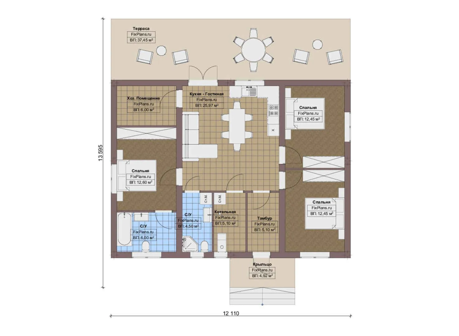 F-19835 - План одноэтажного дома 13 на 14, площадью 140 м² с террасой и 3 спальнями