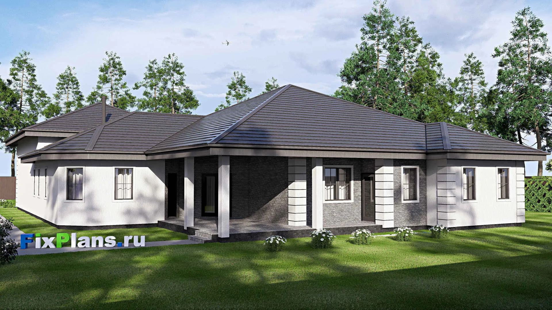 F-19799 - Проект дома с мансардой 21 на 29, площадью 410 м² с террасой, гаражом на 2 машины и 3 спальнями