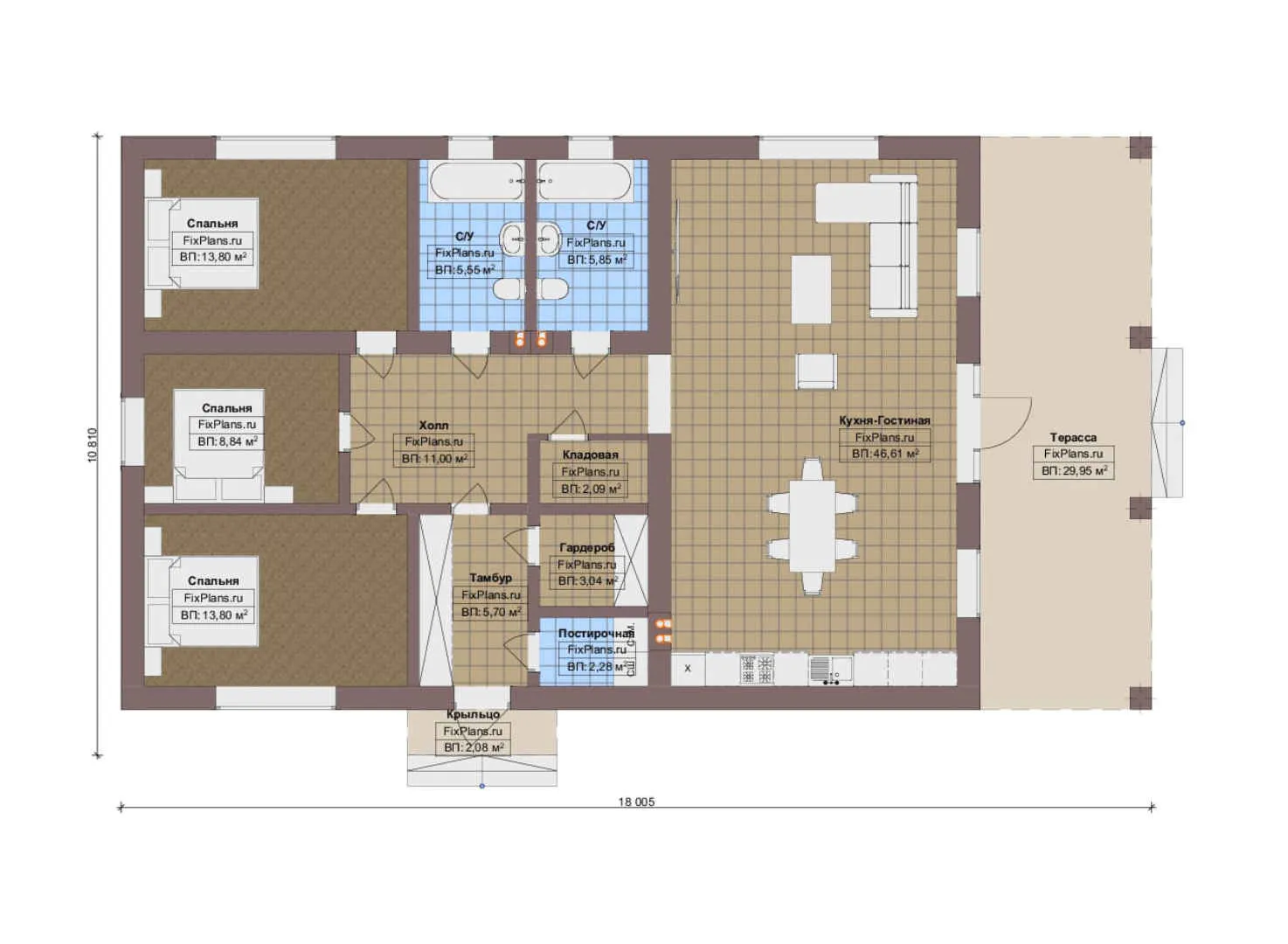 F-18269 - План одноэтажного дома 11 на 18, площадью 160 м² с террасой и 3 спальнями