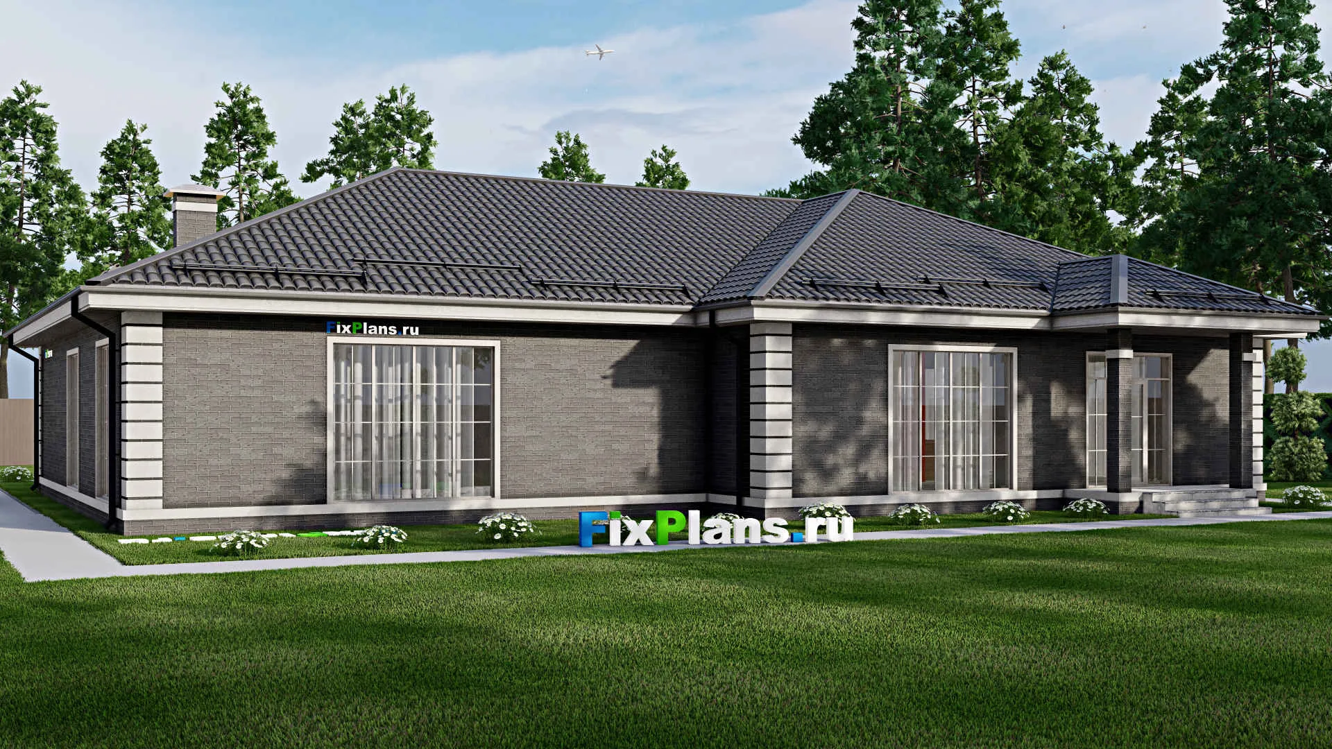 F-3689 - Проект одноэтажного дома 16 на 22, площадью 270 м² с террасой и 2 спальнями