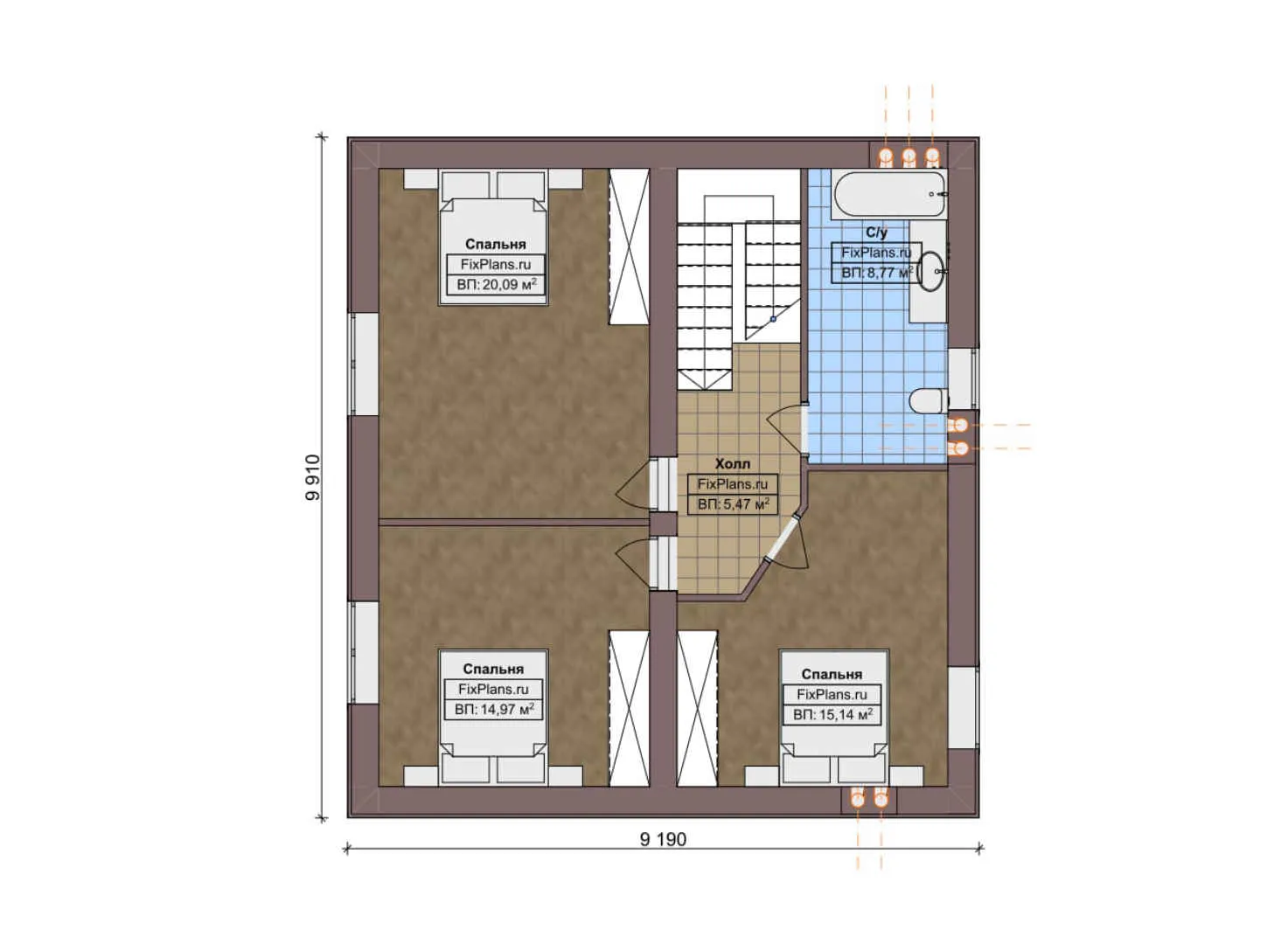 F-6182 - Планы дома с мансардой 10 на 10, площадью 140 м² с 4 спальнями